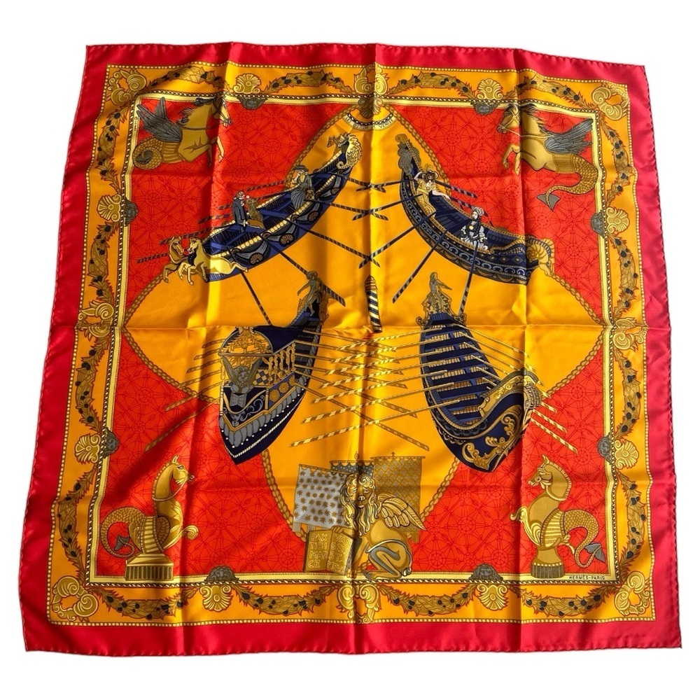 Hermes Silk Scarf Les Bissone De Venise Venice Boat Festival Orange